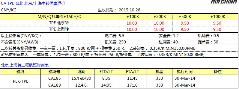 CA國航臺(tái)北空運(yùn)專線，臺(tái)北空運(yùn)價(jià)格查詢，深圳大智通